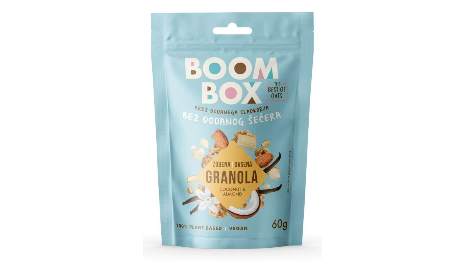 BOOM BOX ovsena granola kokos badem vanila čokolada 60g Cenoteka