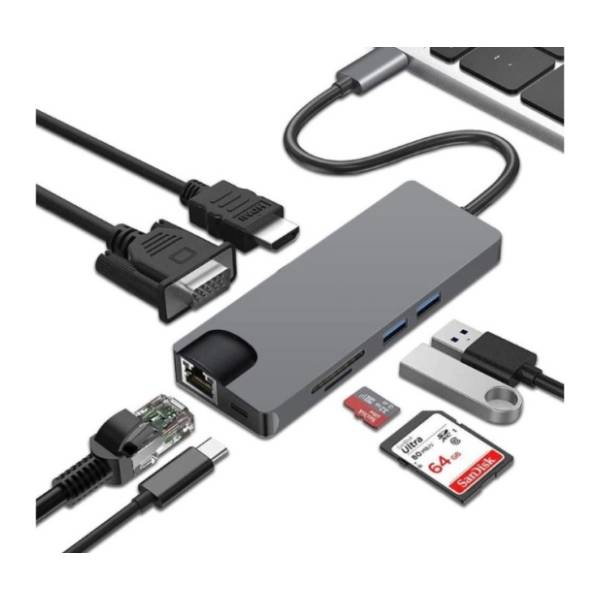 E-GREEN konverter USB-C (m) na HDMI/VGA/2xUSB 3.0/RJ45/MicroSD/SD (ž/ž/ž/ž/ž/ž)