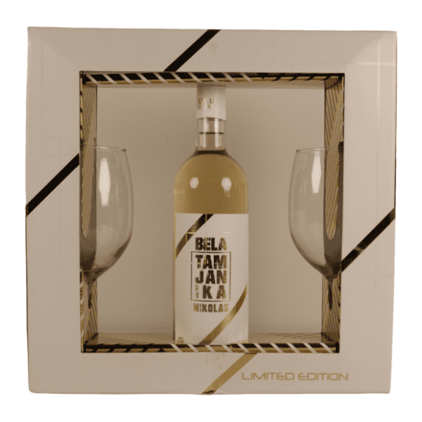 Belo vino NIKOLAS Wines Tamjanika 0,75l + 2 čaše 