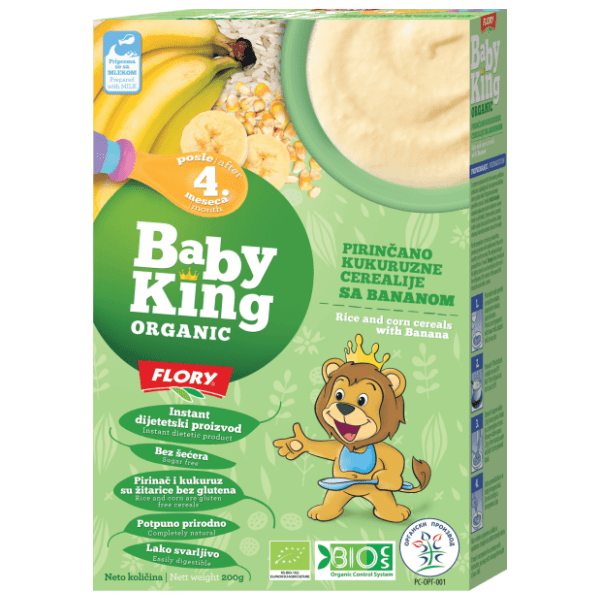 FLORY baby king organic kaša pirinač kukuruzne cerealije sa bananom 200g