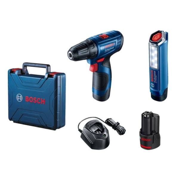 BOSCH GSR 120-Li + lampa GLI 12V-300; 2x2,0Ah (06019G8004)