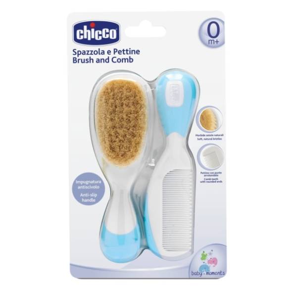 CHICCO set češalj i četka od prirodne dlake plavi