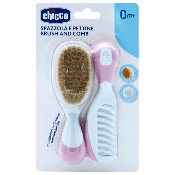 CHICCO set češalj i četka od prirodne dlake roze