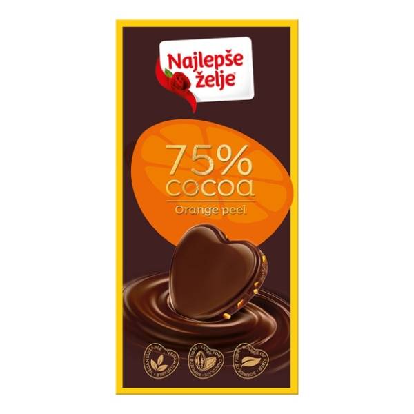Crna čokolada NAJLEPŠE ŽELJE 75% kakao delova orange 75g