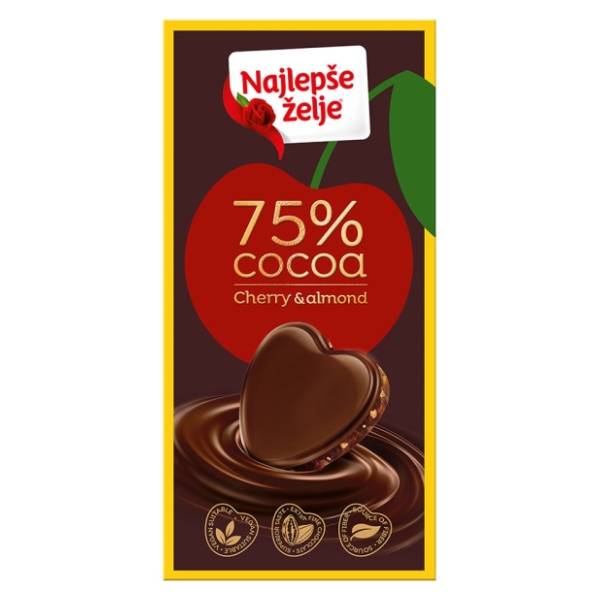 Crna čokolada NAJLEPŠE ŽELJE 75% kakao delova višnja i badem 75g