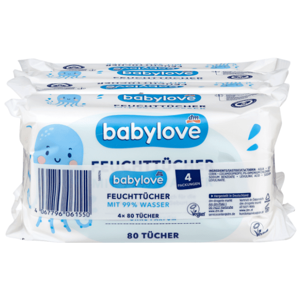 Vlažne maramice BABYLOVE 99% voda 4x80kom