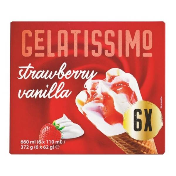 Sladoled GELATISSIMO vanila jagoda kornet 6x110ml