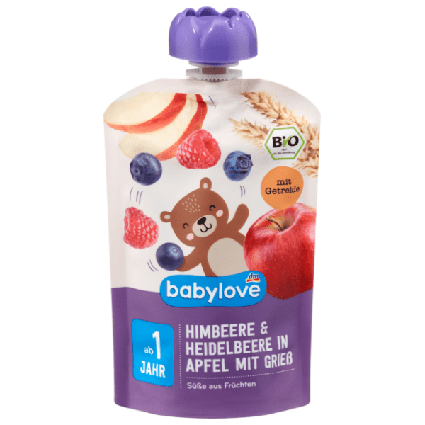 BABYLOVE voćna kašica malina i borovnica u jabuci sa grizom 100g