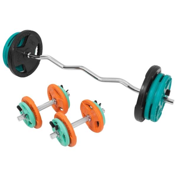 GORILLA SPORTS set Kriva EZ šipka, gumirani diskovi i 2 bučice 70 kg