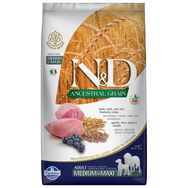 N&D Ancestral grain medium maxi adult jagnjetina borovnica 12kg