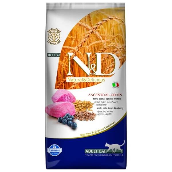 N&D Low grain hrana za odrasle mačke jagnjetina borovnica 5kg