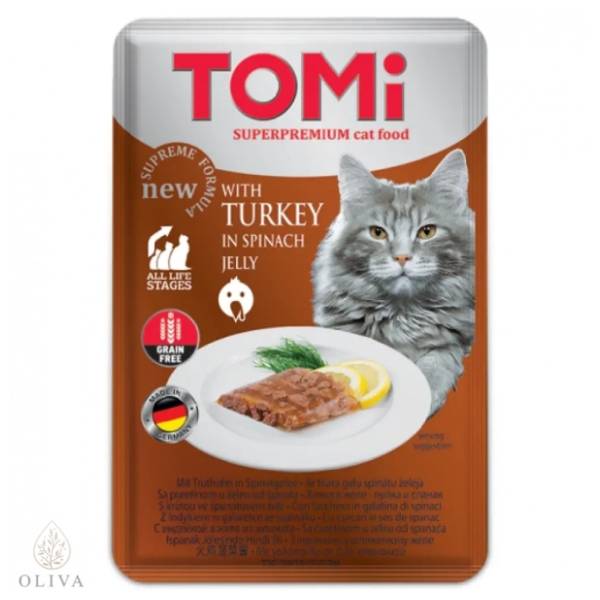 TOMI komadići mesa u želeu za mačke ćuretina i spanać 100g