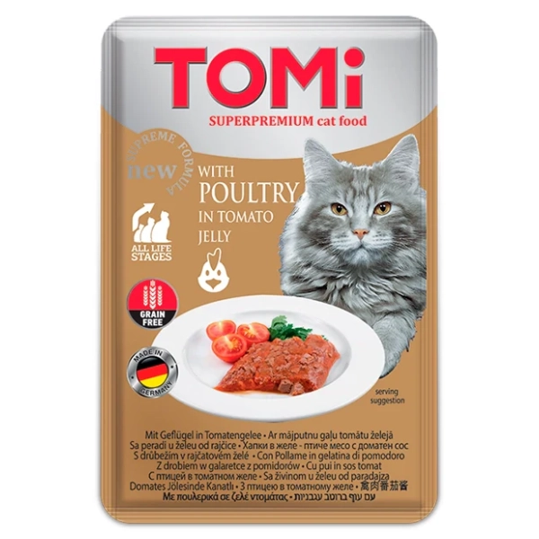 TOMI komadići mesa u želeu za mačke živina i paradajz 100g