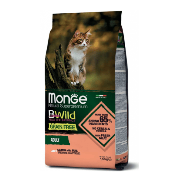 MONGE Bwild grain free hrana za mačke losos i grašak 1,5kg