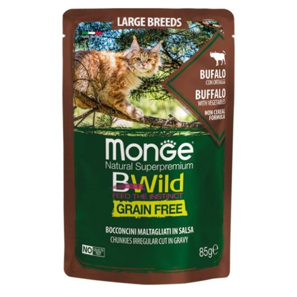 MONGE Bwild large sos za mačke bivo i povrće 85g