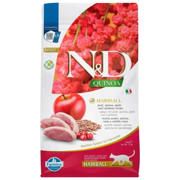 N&D Quinoa hairball hrana za mačke duck apple 1,5kg