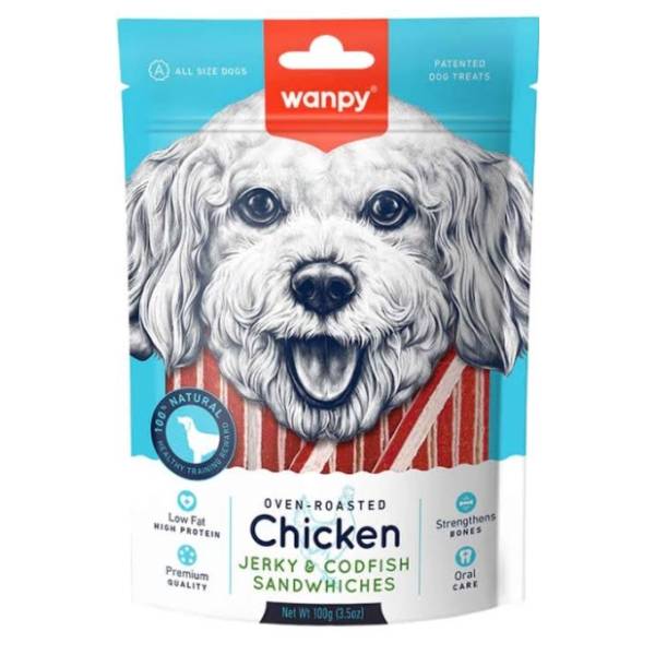 WANPY poslastica za pse chicken jerky&codfish sandwiches 100g