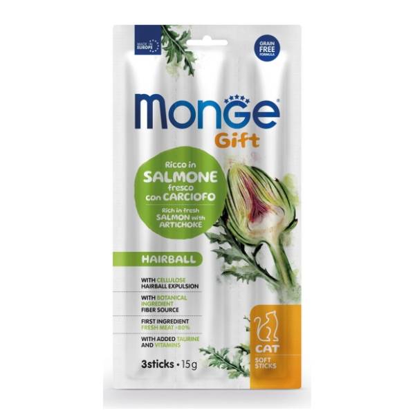 MONGE Gift hairball poslastica za mačke losos i artičoka 15g