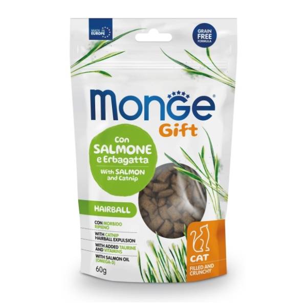 MONGE Gift hairball poslastica za mačke losos i mačja trava 60g