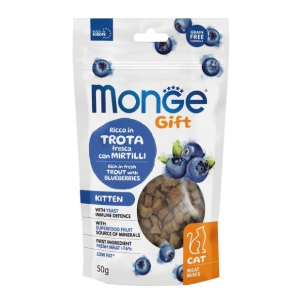 MONGE Gift kitten poslastica za mačke pastrmka sa borovnicama 50g
