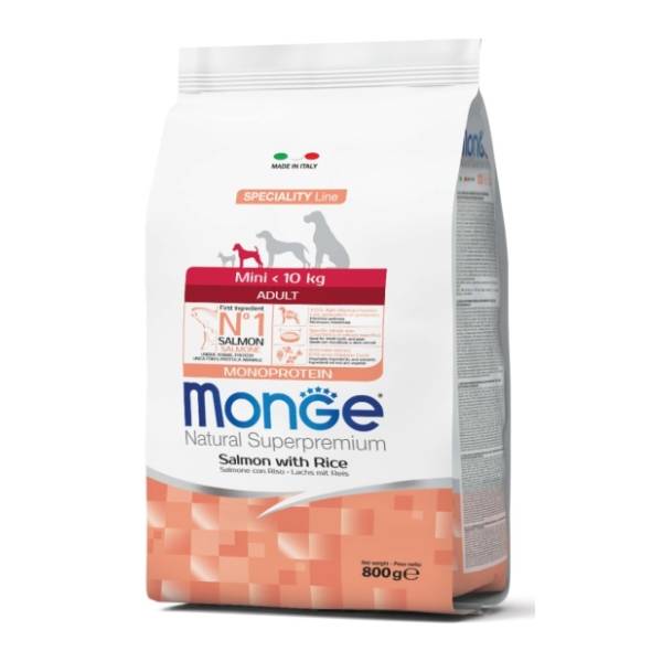 MONGE Monoprotein mini adult hrana za pse losos u pirinač 800g