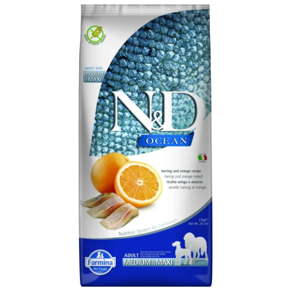 N&D Ocean medium&maxi adult hrana za pse riba i pomorandža 12kg