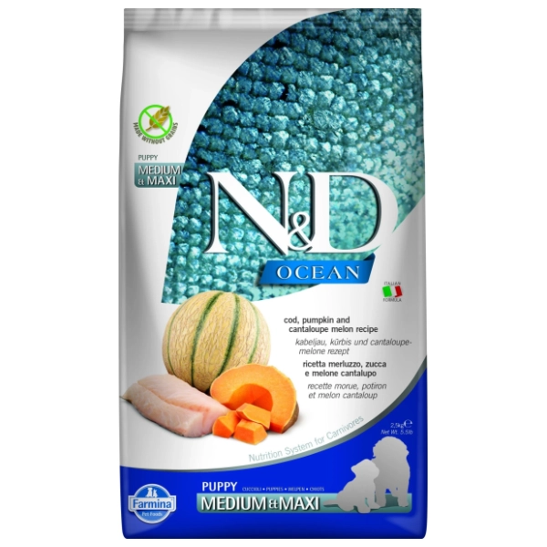 N&D Ocean medium&maxi puppy hrana za pse bakalar bundeva i dinja 2,5kg