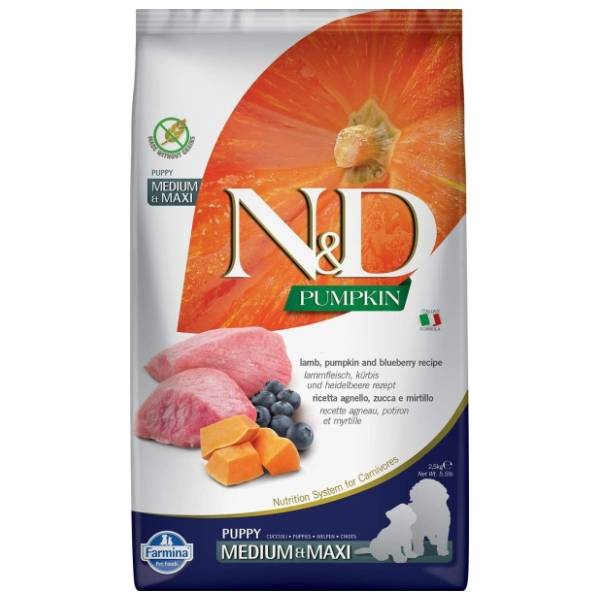N&D Pumpkin medium&maxi puppy hrana za pse jagnjetina i borovnica 2,5kg