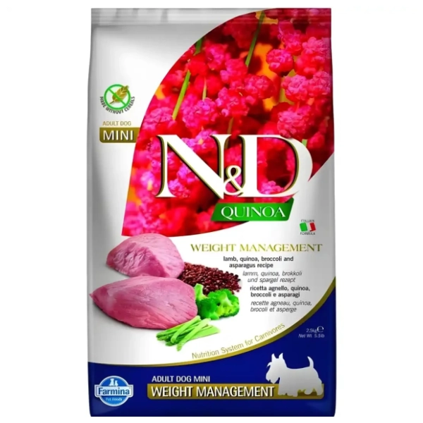 N&D Quinoa mini weight management hrana za pse jagnjetina brokoli špargla 2,5kg