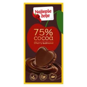 Crna čokolada NAJLEPŠE ŽELJE 75% kakao delova višnja i badem 75g