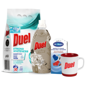 DUEL set deterdžent, omekšivač, šolja za kafu i mrežica za veš