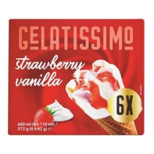 Sladoled GELATISSIMO vanila jagoda kornet 6x110ml
