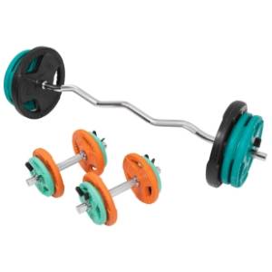 GORILLA SPORTS set Kriva EZ šipka, gumirani diskovi i 2 bučice 70 kg
