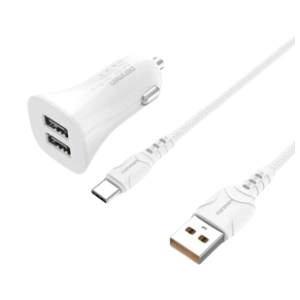 DENMEN auto punjač DZ06T 2xUSB Fast 3/1A + Type C kabl/ beli