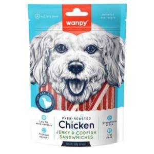 WANPY poslastica za pse chicken jerky&codfish sandwiches 100g